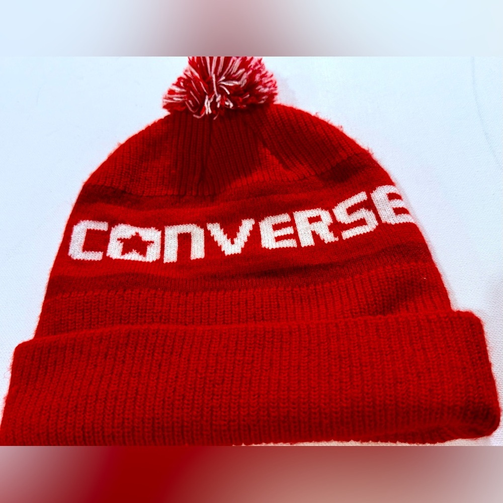 Converse Red and White Knit Beanie with Pom-Pom